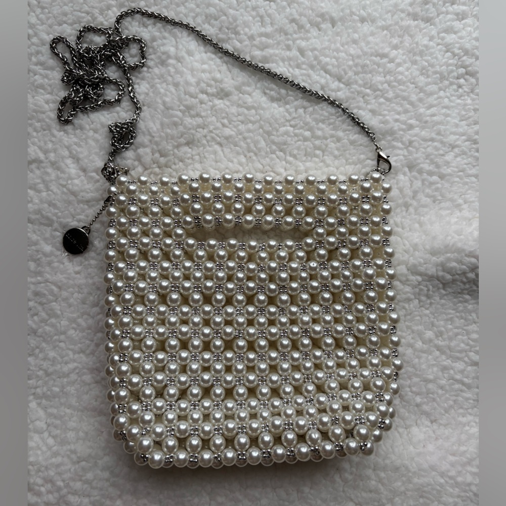 Dolce Vita Pearl Beaded Crossbody Bag in Ivory with Silver Chain - Picture 2 of 7